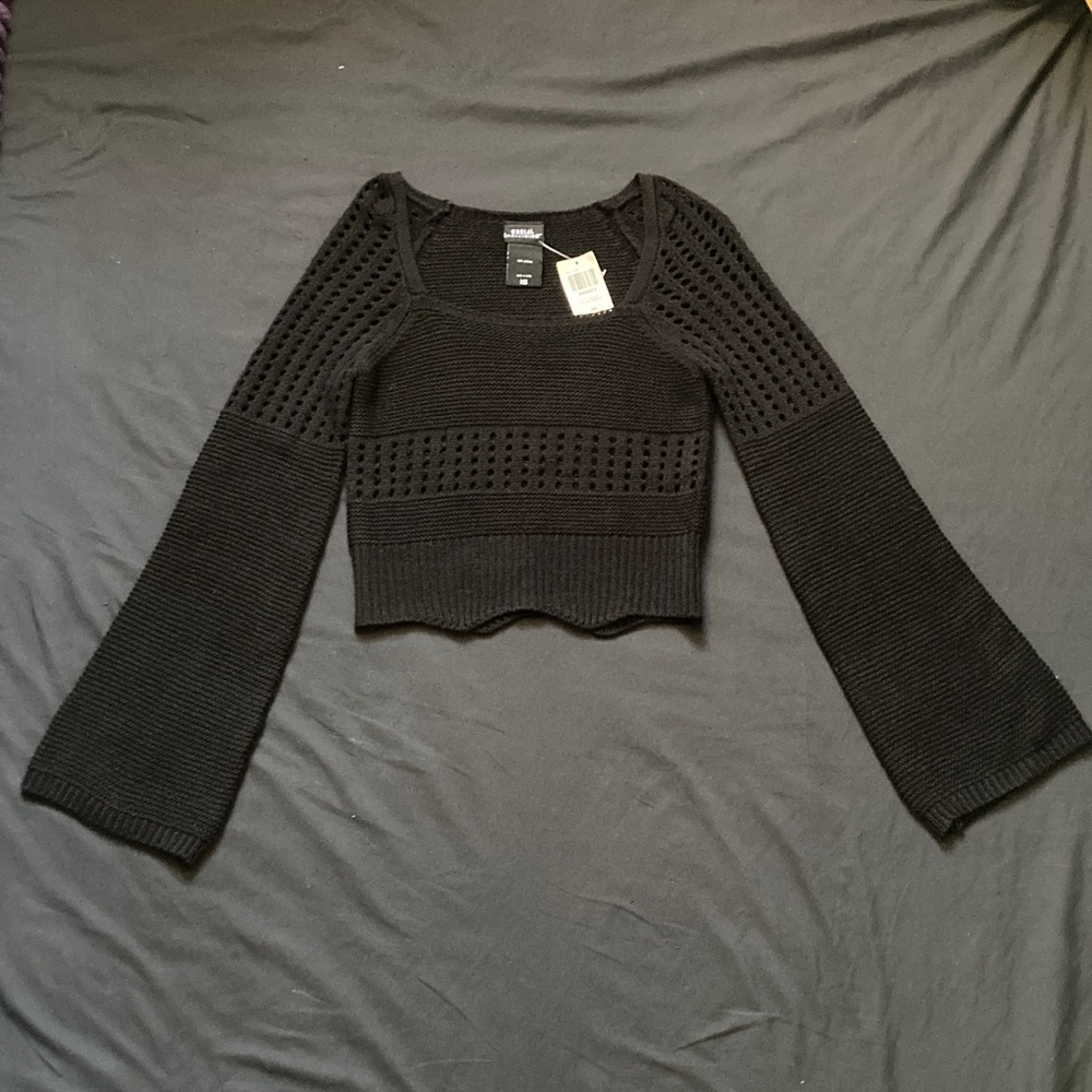 Social Collision Black Crochet Sweater Bell Sleeve Scallop Hem Crop Size XS